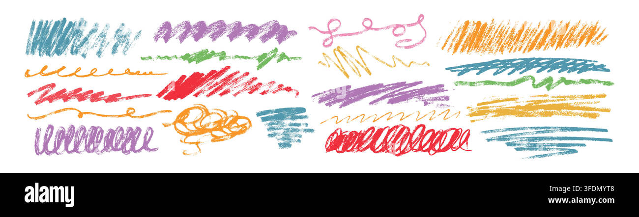 Sottolineature a carbone, scarabocchi colorati e tratti ondulati a pennello. Linee ricciolute e scarabocchi disegnati a mano da bambini. Matita pastello pensare e strisce ruvide, tratti a matita a mano libera su sfondo bianco Illustrazione Vettoriale