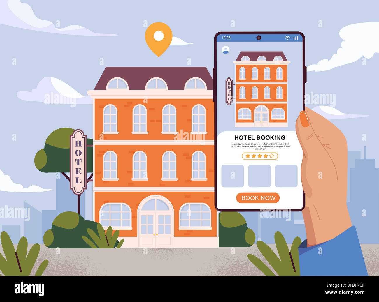 App per la prenotazione di hotel su smartphone Illustrazione Vettoriale