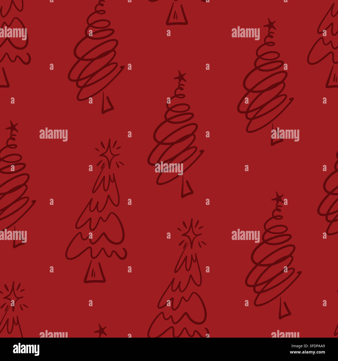 Motivo senza cuciture con albero di Natale, pini minimali a scarabocchio e arte lineare di stelle festive Illustrazione Vettoriale
