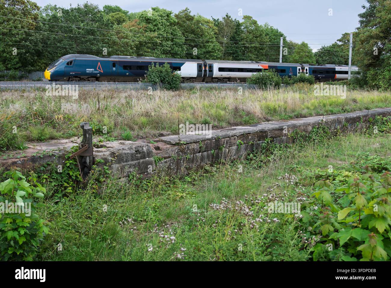 Linea principale della costa occidentale con treni Avanti Pendolino che passano il vecchio canale di Sankey in quello che un tempo era uno snodo ferroviario e fluviale a Winwick Quay. Foto Stock