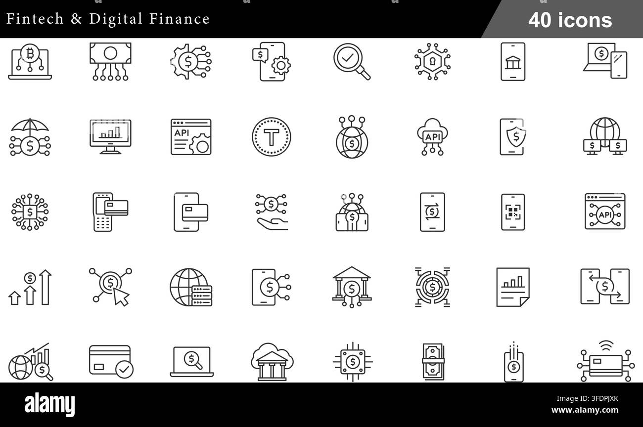 Set di illustrazioni vettoriali di 40 icone fintech con banche digitali, criptovalute, API finanziarie, pagamenti mobili e trasferimenti senza contatto. Illustrazione Vettoriale