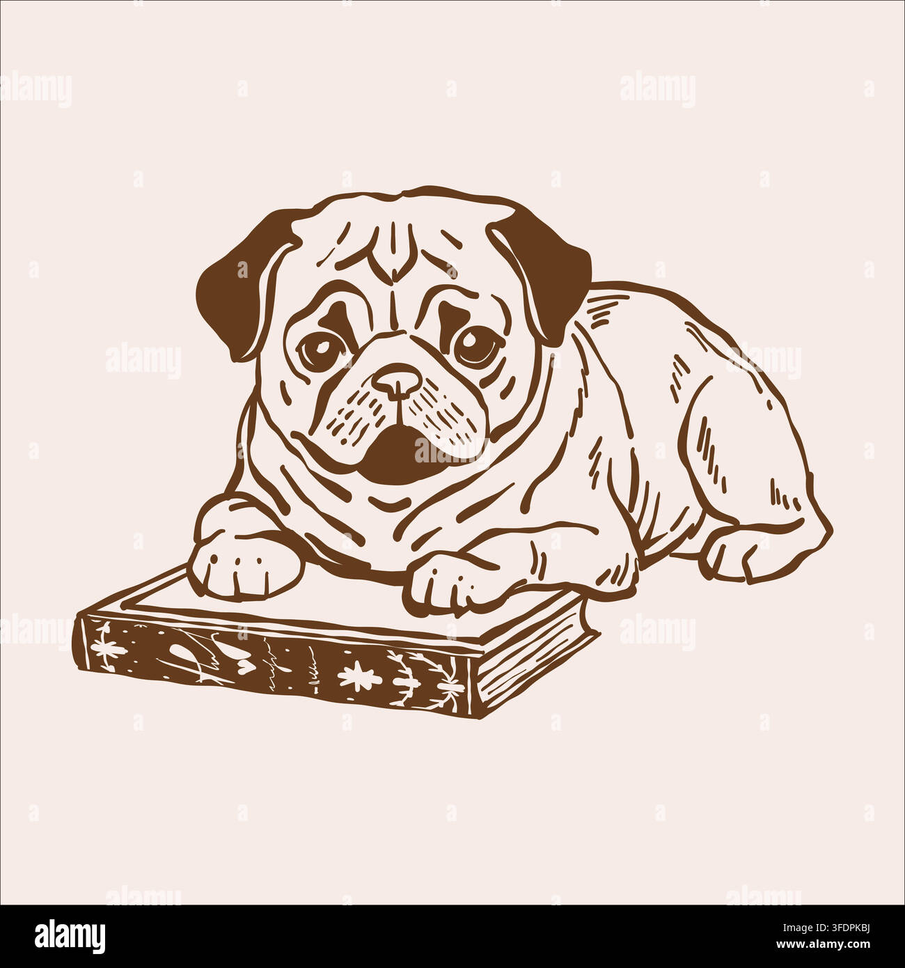 Un cane carlino che riposa su un libro. Schizzo vettoriale a linee sul tema della lettura e degli animali domestici carini. Illustrazione vintage in tonalità beige e marroni. Illustrazione Vettoriale
