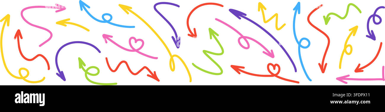 Elementi a freccia in stile disegnato a mano con linee colorate e vettori di schizzo. Illustrazione Vettoriale