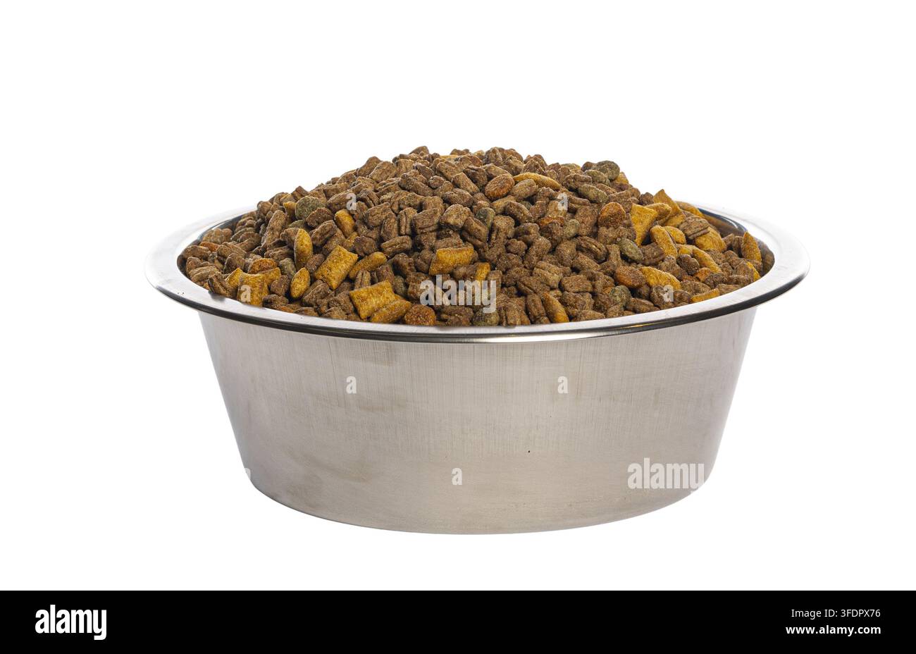 Cibo secco per cani e gatti che riempie una ciotola di metallo per la nutrizione quotidiana degli animali Foto Stock