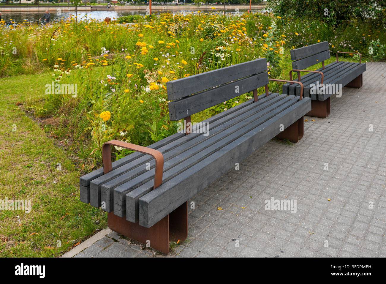 Panchine in legno moderne accanto alla vegetazione colorata nello spazio pubblico paesaggistico lungo il fiume di una città Foto Stock