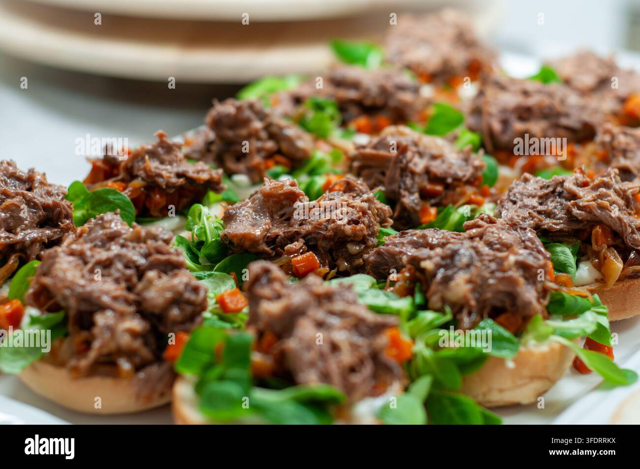 Deliziosi panini a faccia aperta con carne sfilacciata e rucola Foto Stock
