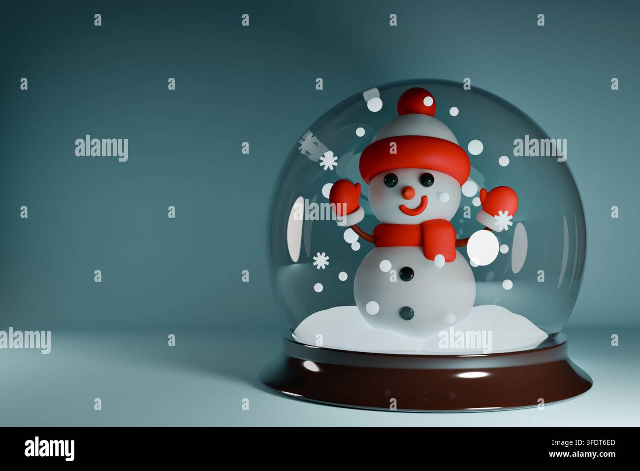 Render 3D di un'icona carina di palla di neve natalizia con personaggio di pupazzo di neve all'interno. Oggetto souvenir natalizio in Plasticine su base di legno scuro lucido isolata su pa Foto Stock
