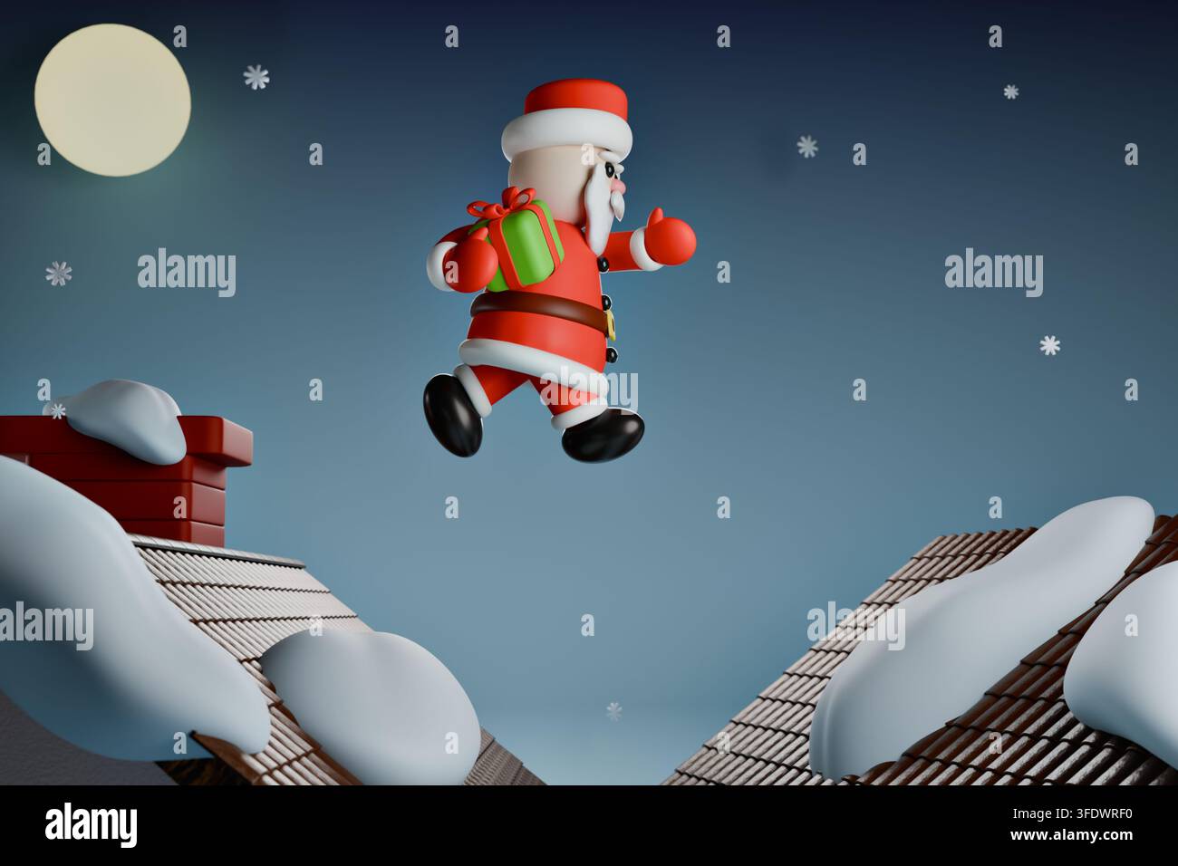 Icona di banner natalizio 3D con simpatico personaggio di Babbo Natale che salta sopra i tetti con una scatola regalo. Modello di biglietto per le vacanze invernali con camino, neve, luna e c Foto Stock