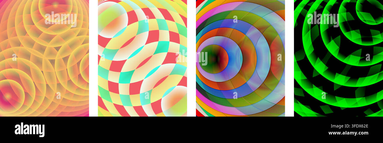 Pannelli verticali astratti con motivi geometrici vivaci e colorati e disegni di movimento ondulatorio circolare a vortice Illustrazione Vettoriale