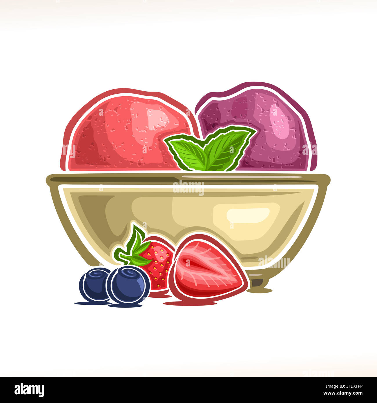Logo vettoriale per Sorbetto ai frutti di bosco, sfera di sorbetto alla fragola rossa e mirtillo viola in una ciotola, dessert ghiacciato estivo con guarnizione di menta Illustrazione Vettoriale