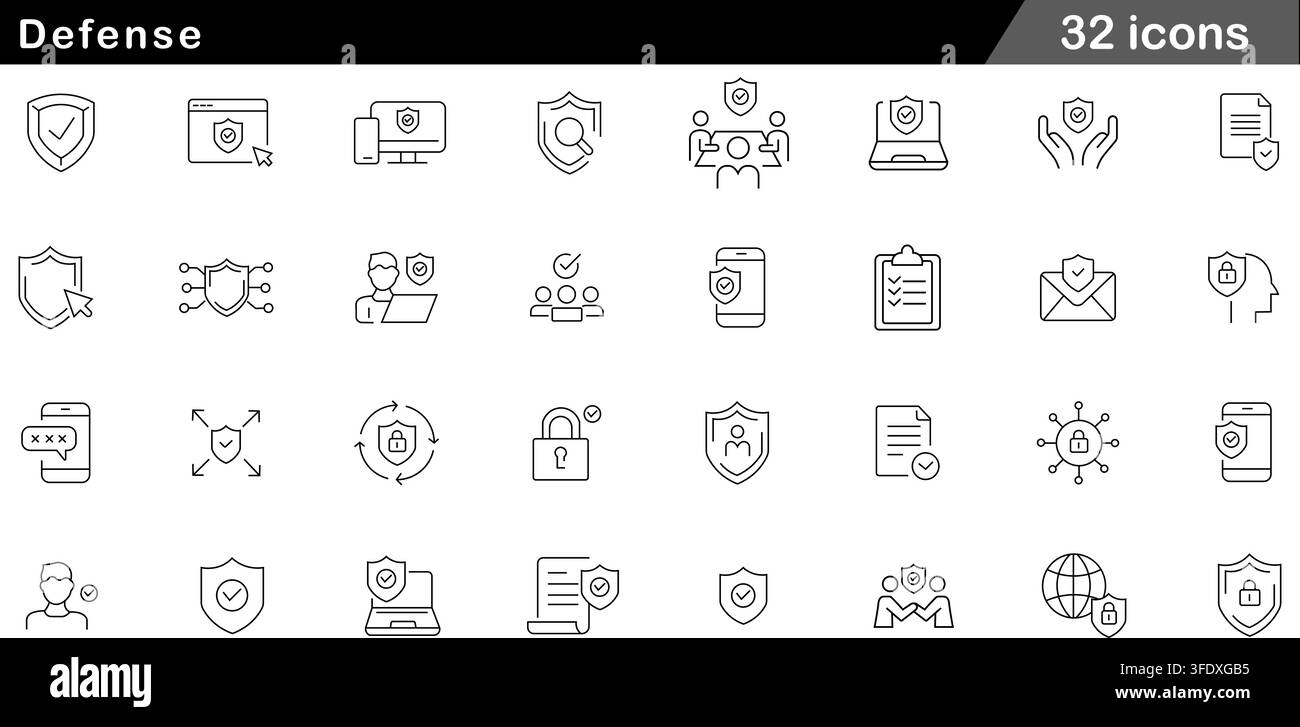 Set di illustrazioni vettoriali con 32 icone di difesa che includono scudo di sicurezza, lucchetto, protezione Internet, sicurezza delle e-mail, privacy degli utenti e guardia firewall. Illustrazione Vettoriale