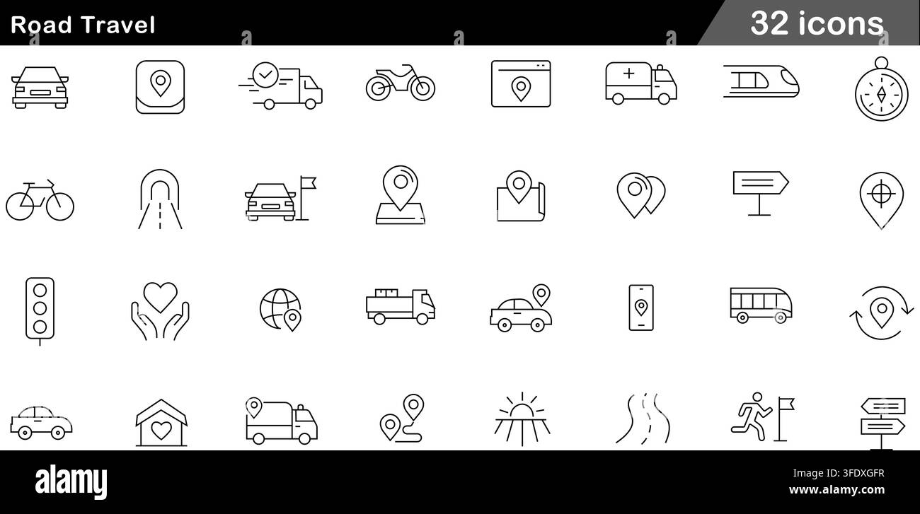 Set di illustrazioni vettoriali di 32 icone di viaggio stradale con auto, camion per consegne, motociclo, puntatore GPS sulla mappa, semaforo, autobus e navigazione del percorso. Illustrazione Vettoriale