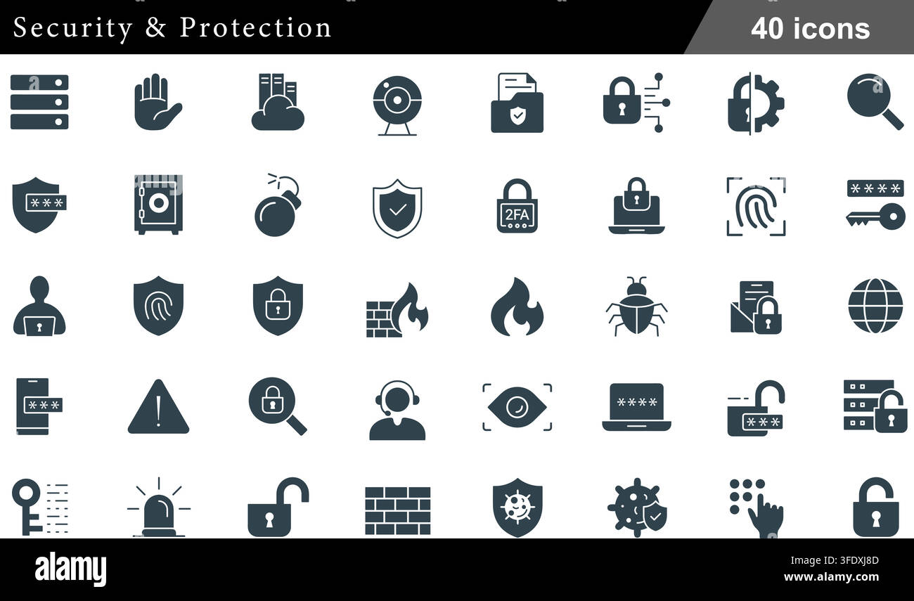 Set di illustrazioni vettoriali di 40 icone di sicurezza e protezione con scudo, lucchetto, scansione delle impronte digitali, firewall, cassaforte, 2FA e insetto cyber. Illustrazione Vettoriale