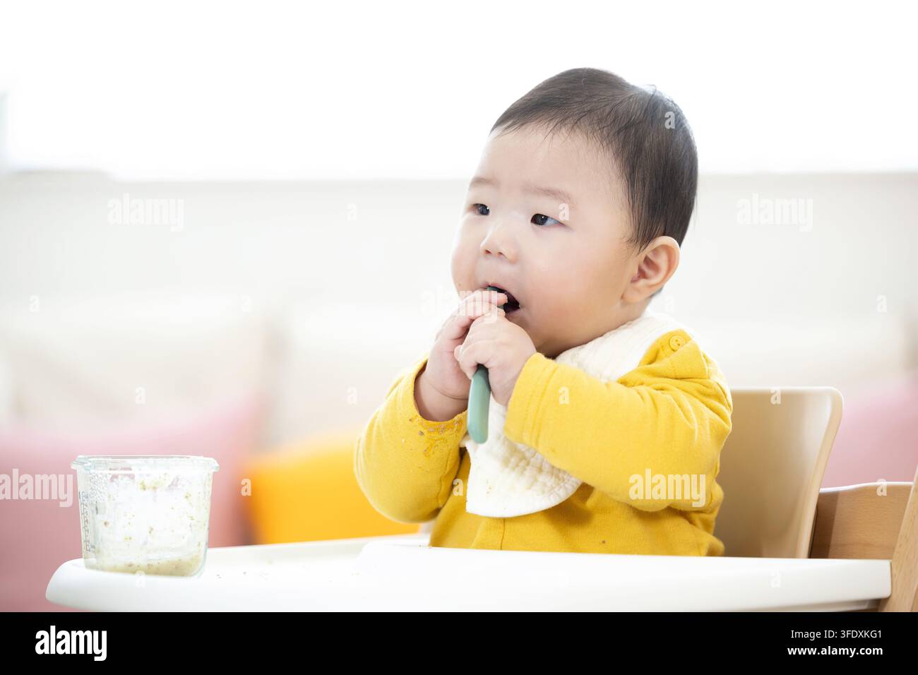 Bambino coreano che tiene e mastica un cucchiaio mentre impara a mangiare in una sedia alta Foto Stock