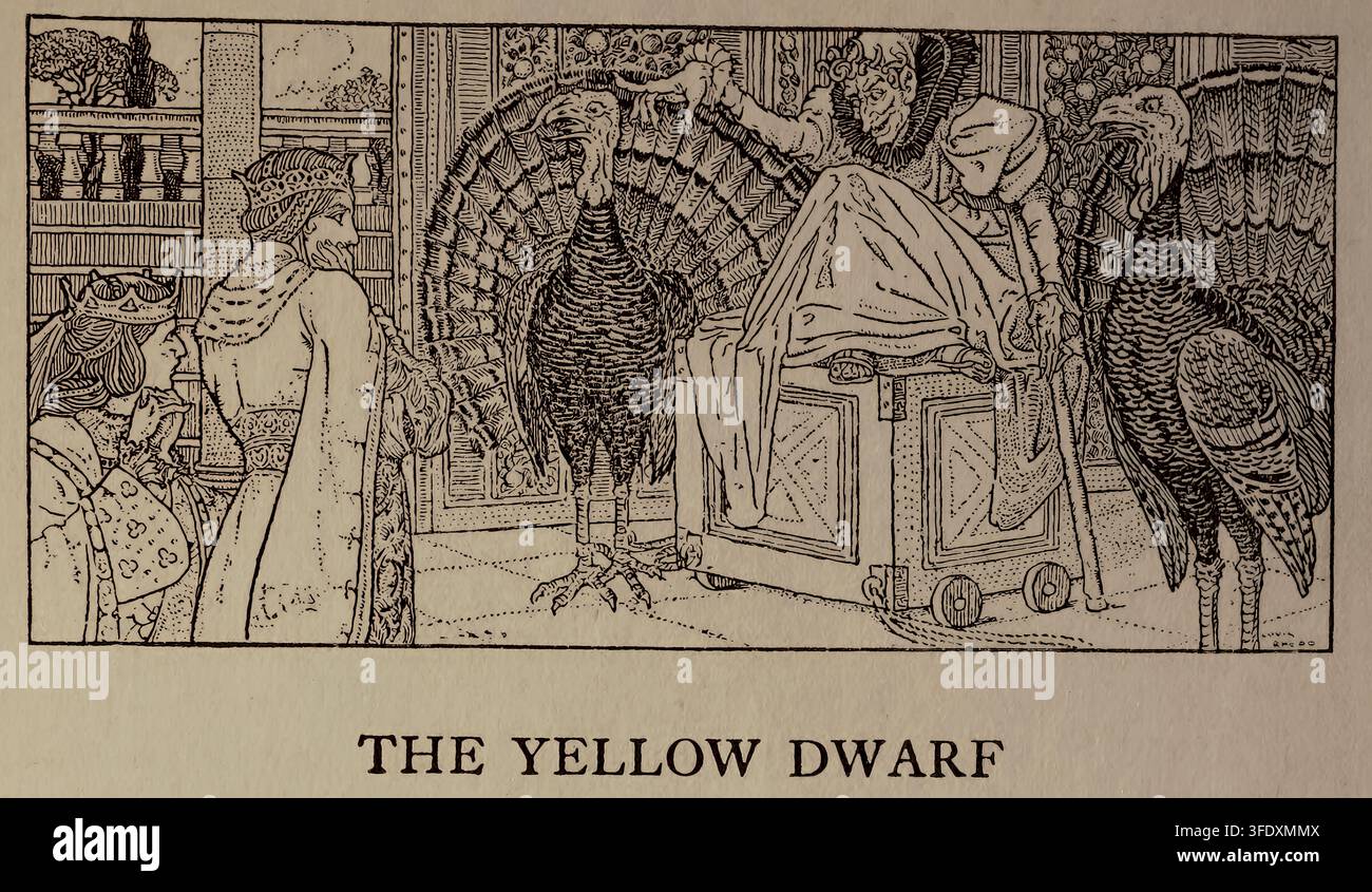 Illustrazione vintage in bianco e nero intitolata “Il Nano Giallo”, tratta dal libro “Il Libro delle Fate” di Dinah Maria Mulock Craik, pubblicato nel 1922. Illustrata da Louis Rhead, la scena raffigura una corte fantastica con una figura incoronata, personaggi riccamente vestiti, una carrozza ornata e grandi uccelli. Foto Stock
