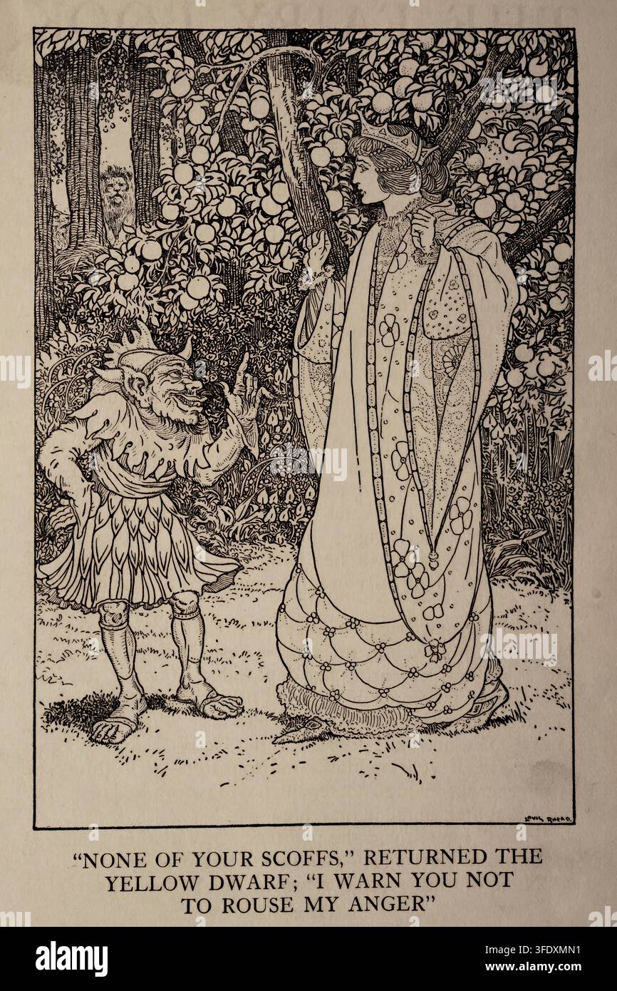 Illustrazione vintage in bianco e nero di fiabe di Louis Rhead per The Fairy Book di Dinah Maria Mulock Craik, pubblicato nel 1922. In un bosco simile a un frutteto, un nano giallo arrabbiato affronta una principessa vestita in modo elaborato mentre una piccola figura osserva da dietro gli alberi. Didascalia stampata: “Nessuno dei tuoi scherni”, rispose il Nano Giallo; “Ti avverto di non destare la mia rabbia.” Foto Stock