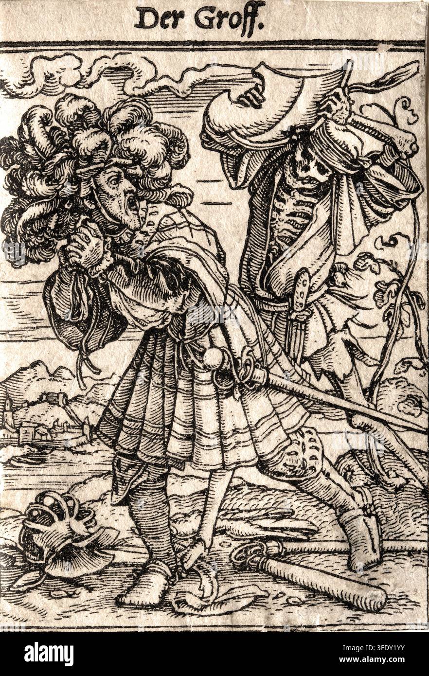 Danza della Morte: Il Conte, un xilografia della celeberima serie Danza della Morte di Hans Holbein il Giovane, intagliata da Hans Lützelburger prima del 1526 e pubblicata nel 1538, raffigurante la Morte che colpisce un nobile in una scena moralizzante rinascimentale radicata nel dramma medievale dell'epoca della peste. Foto Stock