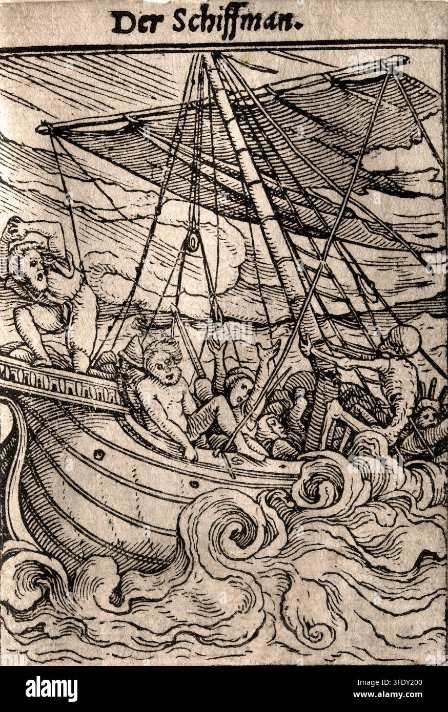 Danza della Morte: Il Marinaio, un xilografia della serie Danza della Morte di Hans Holbein il Giovane, intagliata da Hans Lützelburger prima del 1526 e pubblicata nel 1538, che mostra la Morte che affronta un marinaio in mezzo a una nave scossa dalla tempesta in un'allegoria morale radicata nel dramma medievale dell'epoca della peste. Foto Stock