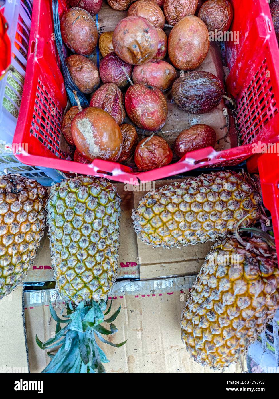 Ananas freschi e patate dolci dalla buccia rossa in casse di mercato. Prodotti tropicali vivaci esposti in vendita Foto Stock
