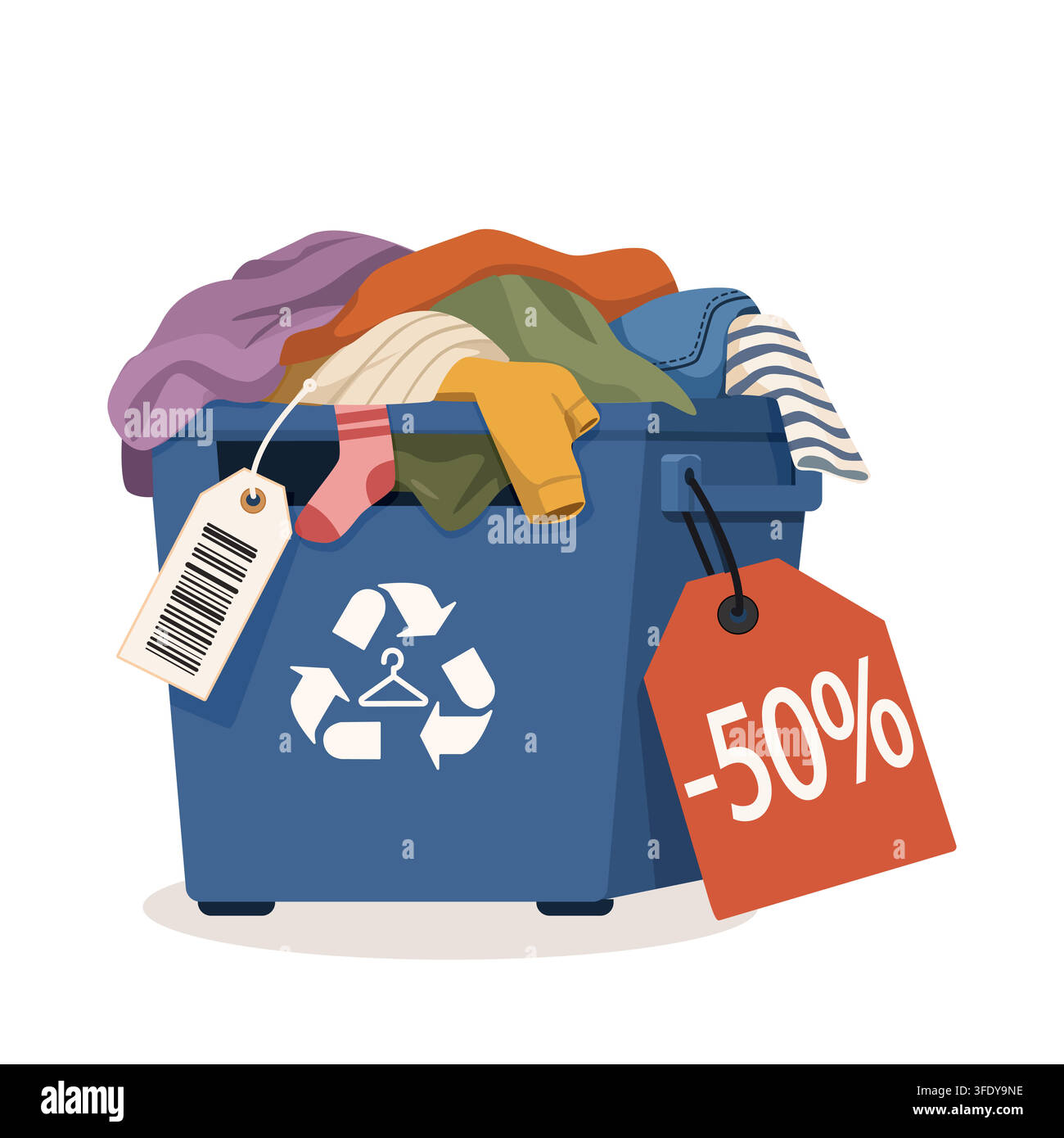 Cestino blu per il riciclo pieno di abiti di seconda mano, moda sostenibile, riciclo tessile, shopping ecologico e rifiuti di abbigliamento convenienti, vettore Illustrazione Vettoriale