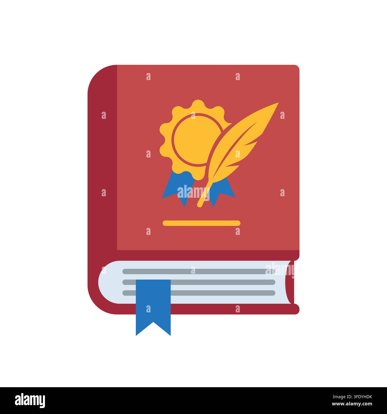 Libro rosso con sigillo dorato e icona vettoriale di penna d'oca su sfondo bianco isolato Illustrazione Vettoriale