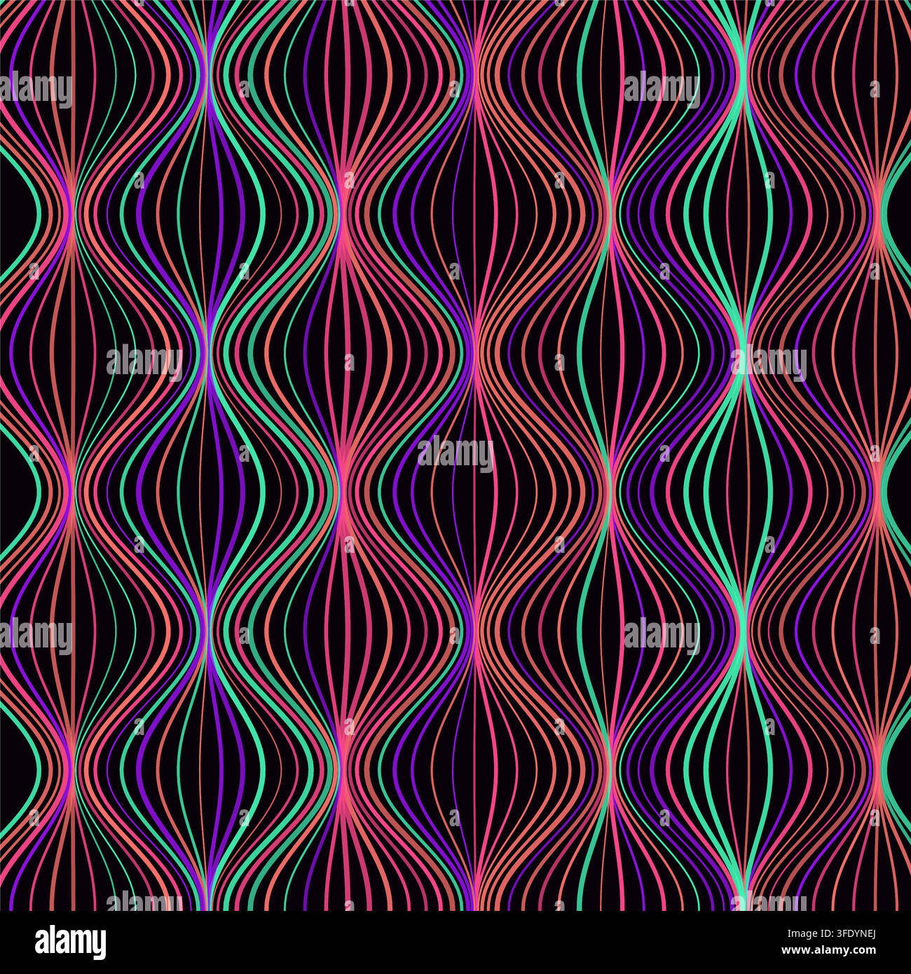 Questo sfondo vettoriale astratto presenta un motivo geometrico vivace di linee verticali ondulate che formano forme a clessidra ottiche luminose Illustrazione Vettoriale