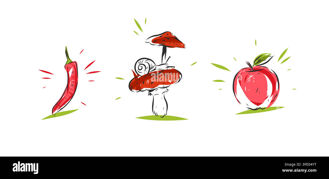 Set di illustrazioni di cibo sano con peperoncino rosso, funghi con lumaca e mela fresca, elementi di design vettoriale di cibo naturale disegnati a mano e colorati Illustrazione Vettoriale