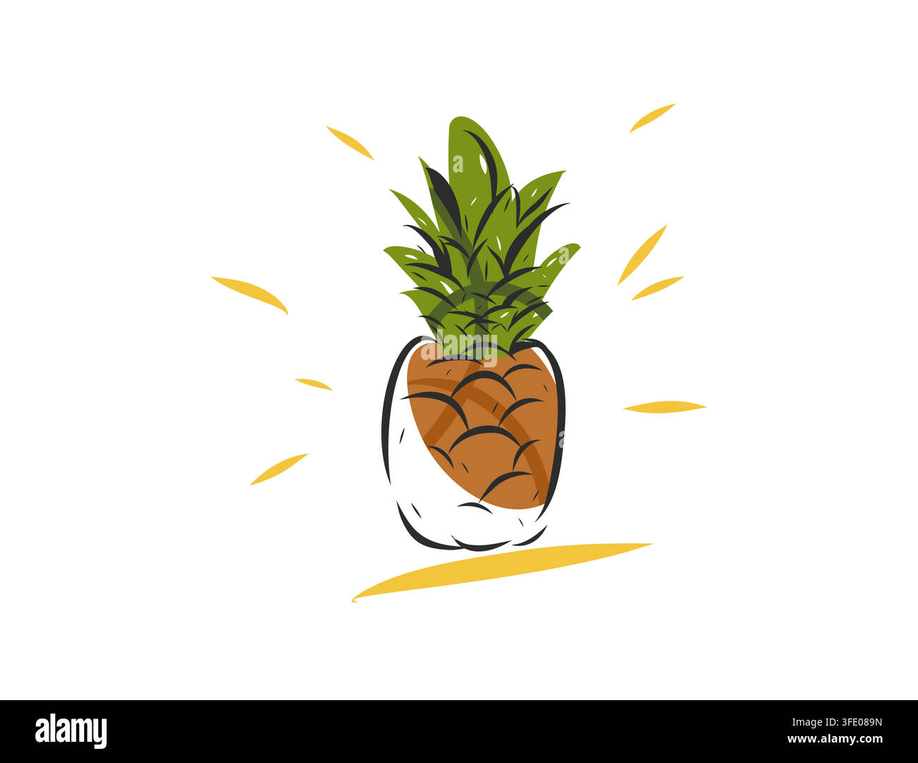 Ananas fresco e maturo, illustrazione vettoriale disegnata a mano, frutto esotico tropicale con foglie verdi per cibo estivo, succo, frullato, packaging, menu e Illustrazione Vettoriale