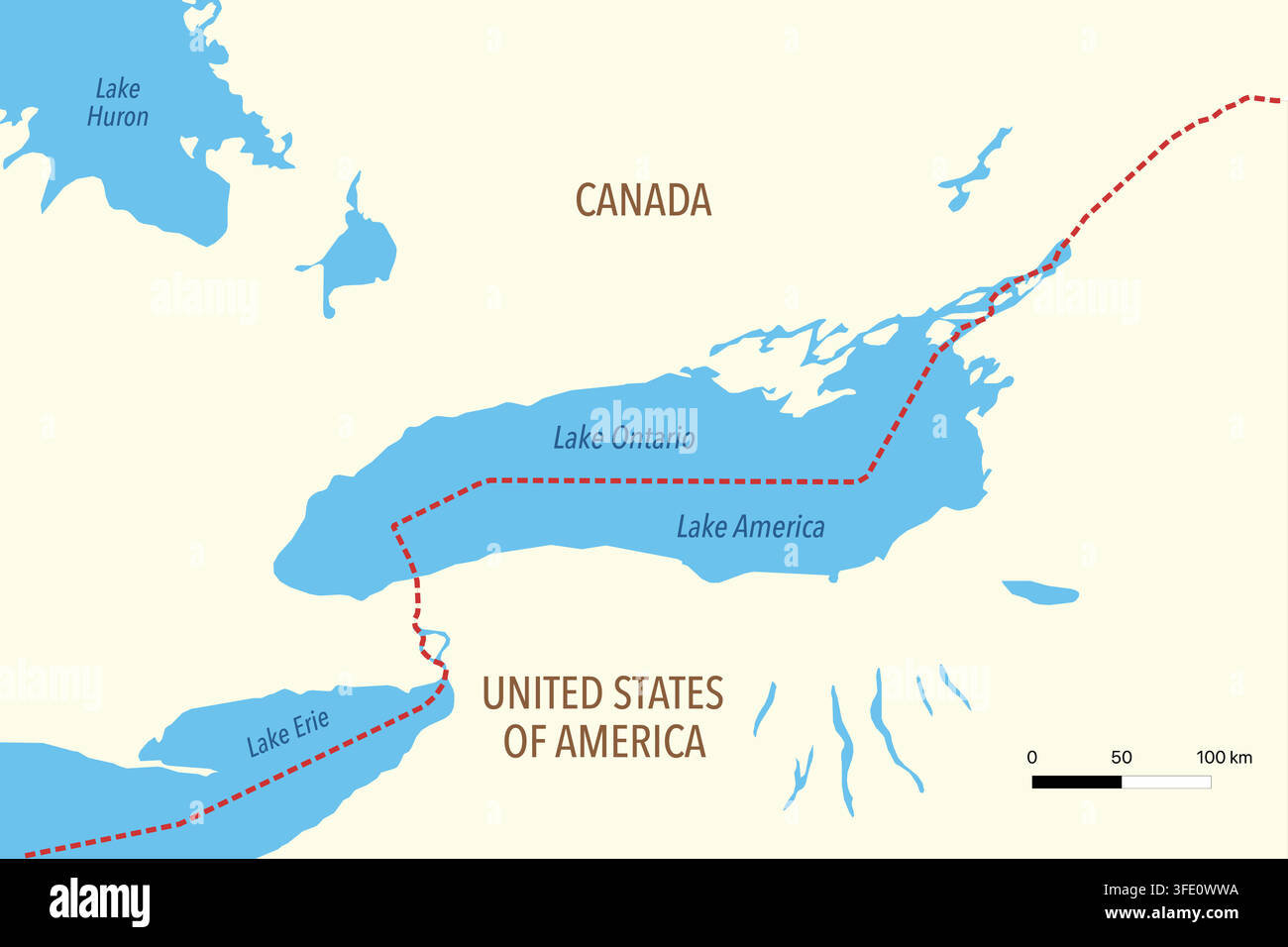 Mappa del Lago Ontario che mostra il confine Canada–Stati Uniti e il nome Lago America Illustrazione Vettoriale