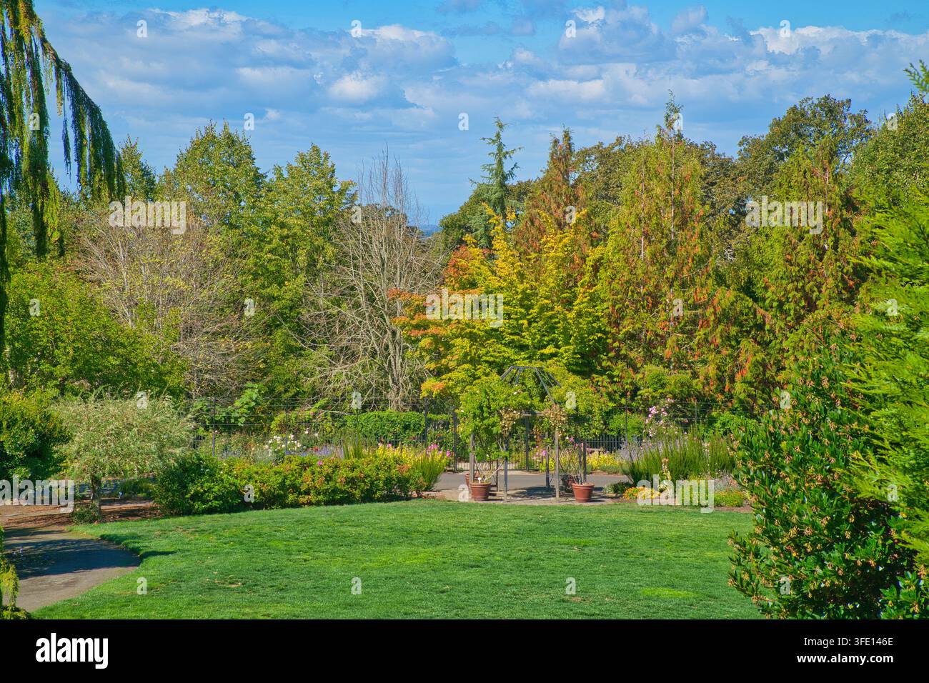 Le persone camminano attraverso i giardini dell'Oregon per godersi la natura e i fiori. Foto Stock