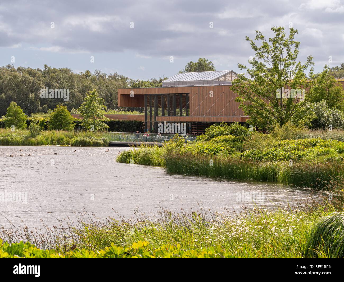 Benvenuto Edificio attraverso Moon Bridge Water al RHS Garden Bridgewater, Salford, Greater Manchester. Foto Stock