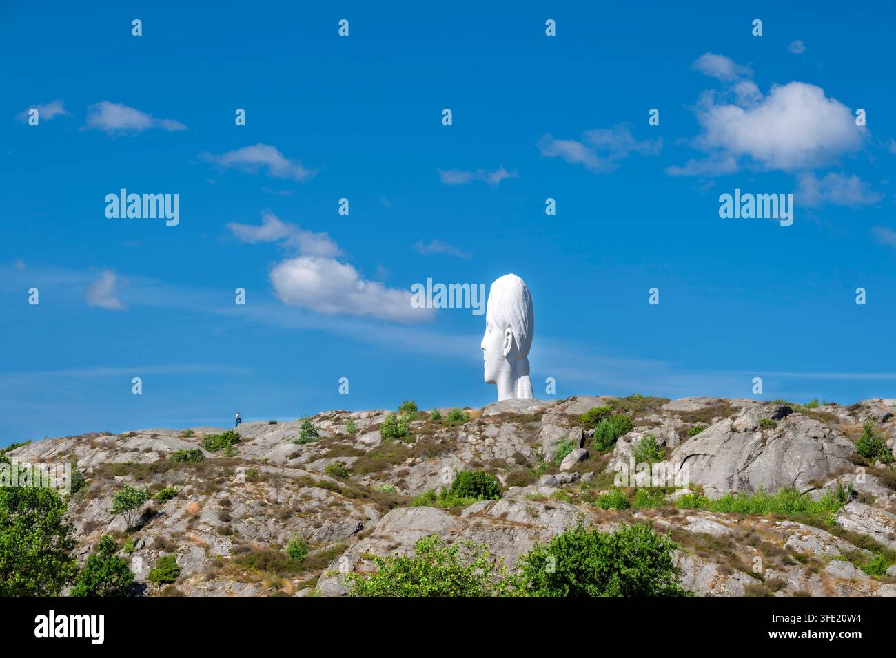 La scultura monumentale "Anna" dell'artista spagnolo Jaume Plensa si erge sopra il paesaggio roccioso del parco scultoreo di Pilane sull'isola di Tjörn. Foto Stock