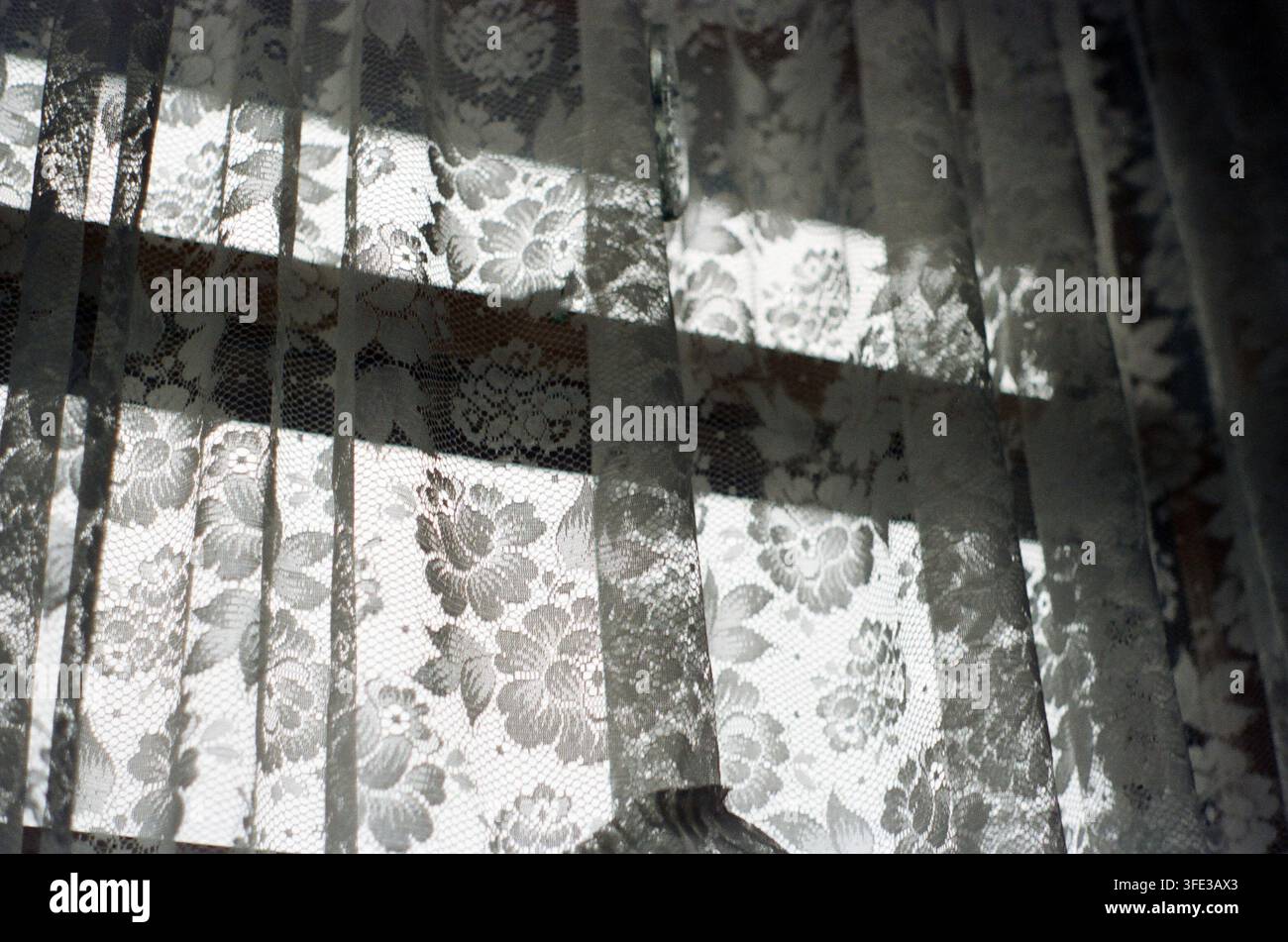 La luce naturale soffusa filtra attraverso delicati tendaggi di pizzo floreale bianco, proiettando ombre e motivi delicati in un ambiente interno tranquillo e nostalgico. Foto Stock
