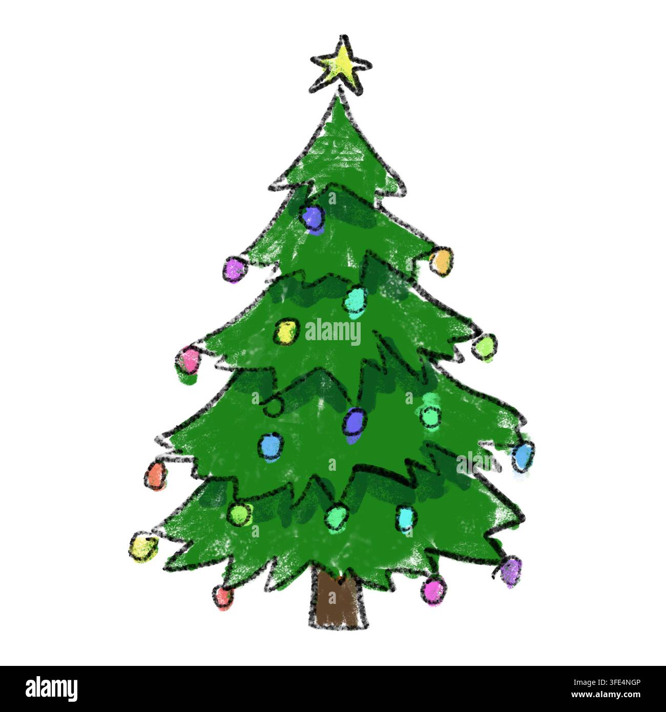 Schizzo a colori di un albero di Natale decorato (ornamenti e una stella) Foto Stock