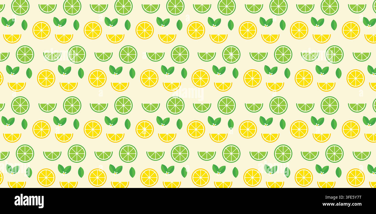 Modello vettoriale senza cuciture con fette piatte di limone e lime, agrumi a fette e sfondo estivo fresco Illustrazione Vettoriale