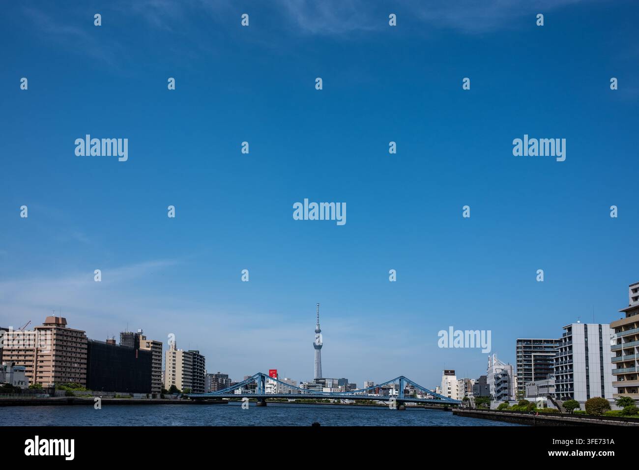 Vista lungo il fiume Sumida verso l'edificio Tokyo Skytree a Tokyo, Giappone Foto Stock