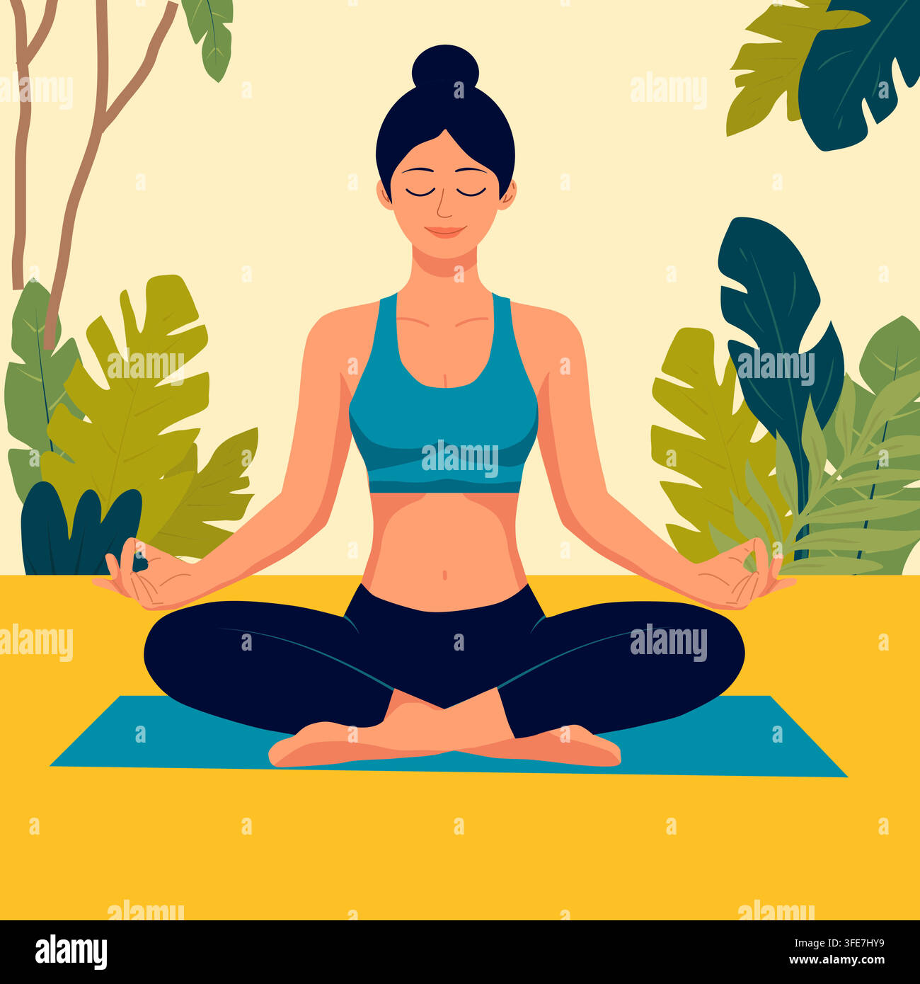 una donna in posizione del loto su un tappeto da yoga incorniciata da foglie tropicali. Illustrazione vettoriale. Disegno piatto per materiali su yoga, meditazione, mentale Illustrazione Vettoriale