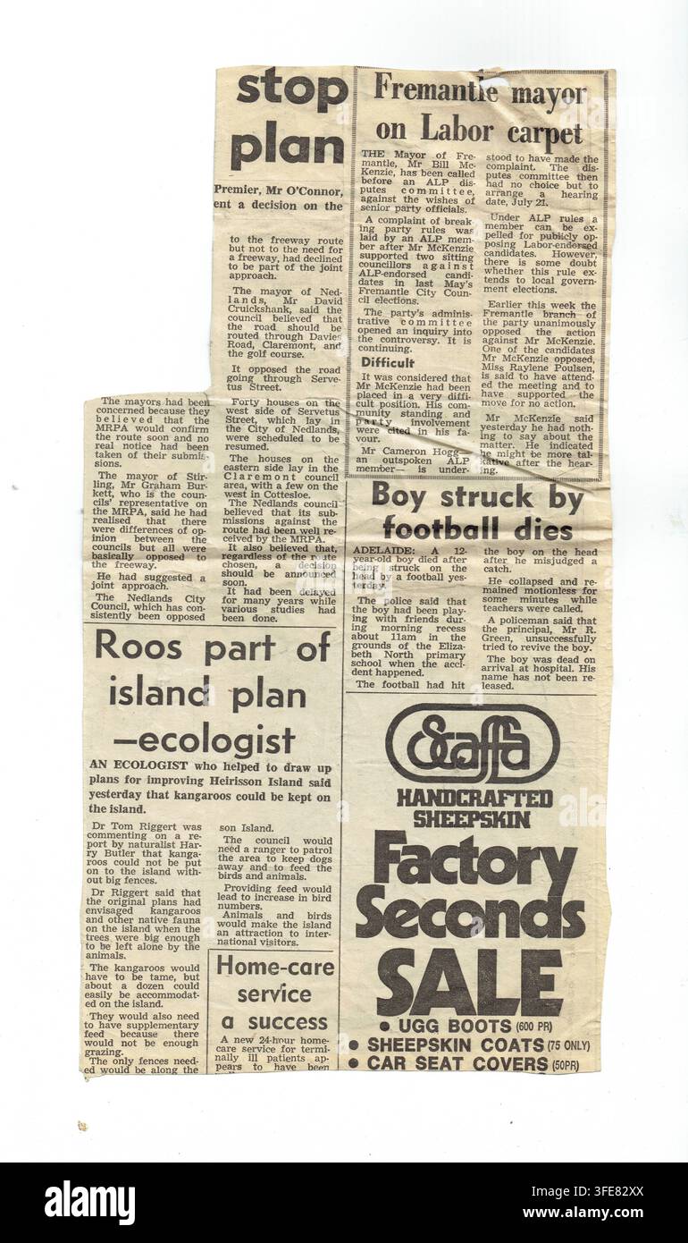 Un layout editoriale di giornale composto datato circa luglio 1982 che cattura più colonne di notizie dell'Australia occidentale. Il lato destro mostra Foto Stock