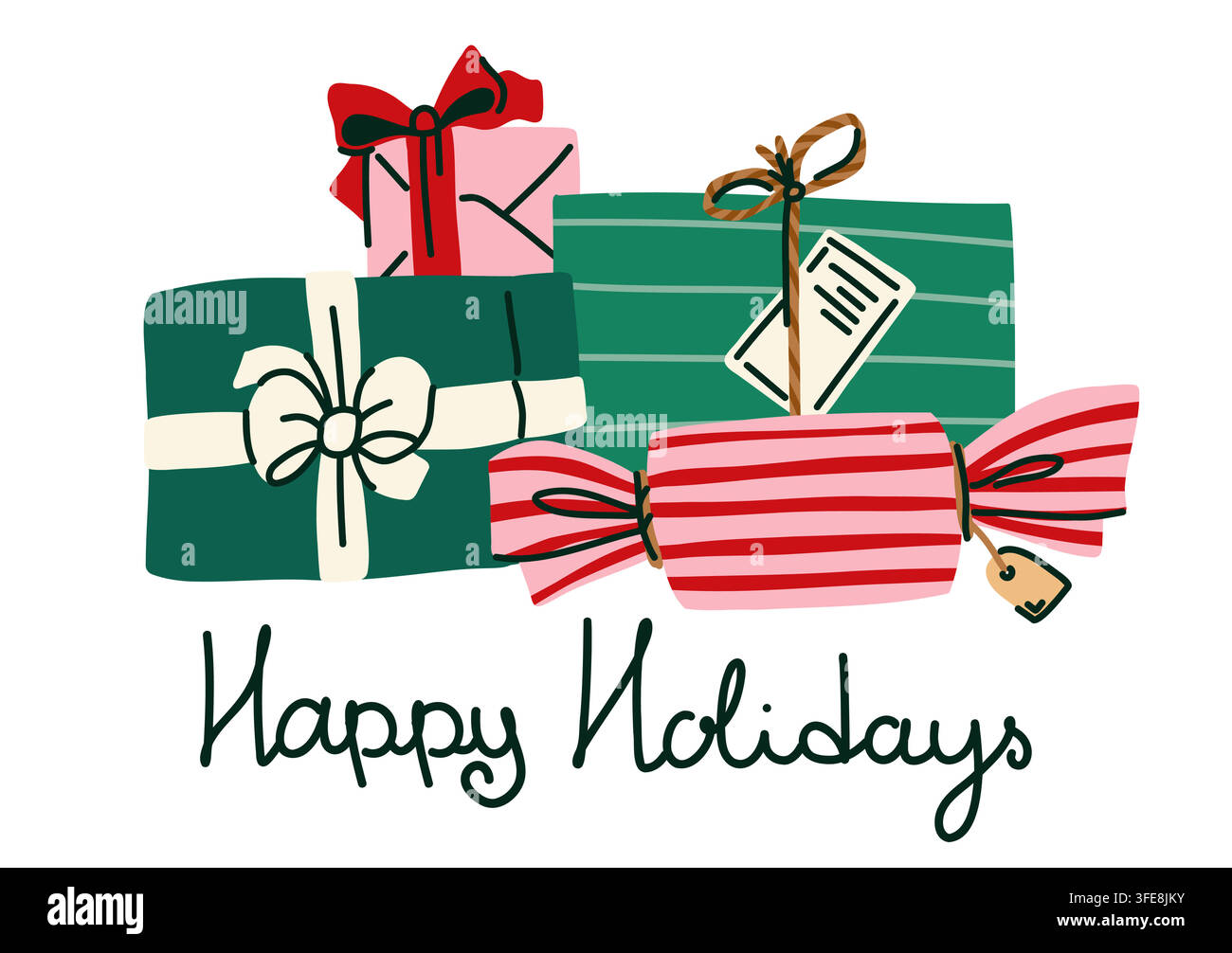 Biglietto di auguri per le festività con regali di Natale colorati e scatole regalo festive, illustrazione stagionale affascinante per la celebrazione invernale, C Illustrazione Vettoriale