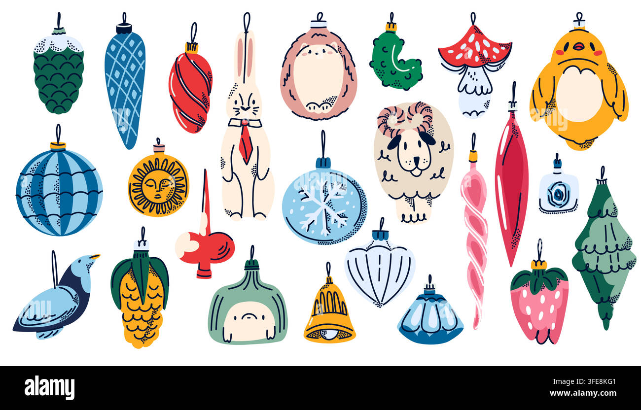 Collezione di ornamenti natalizi disegnati a mano con sfere colorate, campanella, stella e decorazioni per alberi festivi Illustrazione Vettoriale
