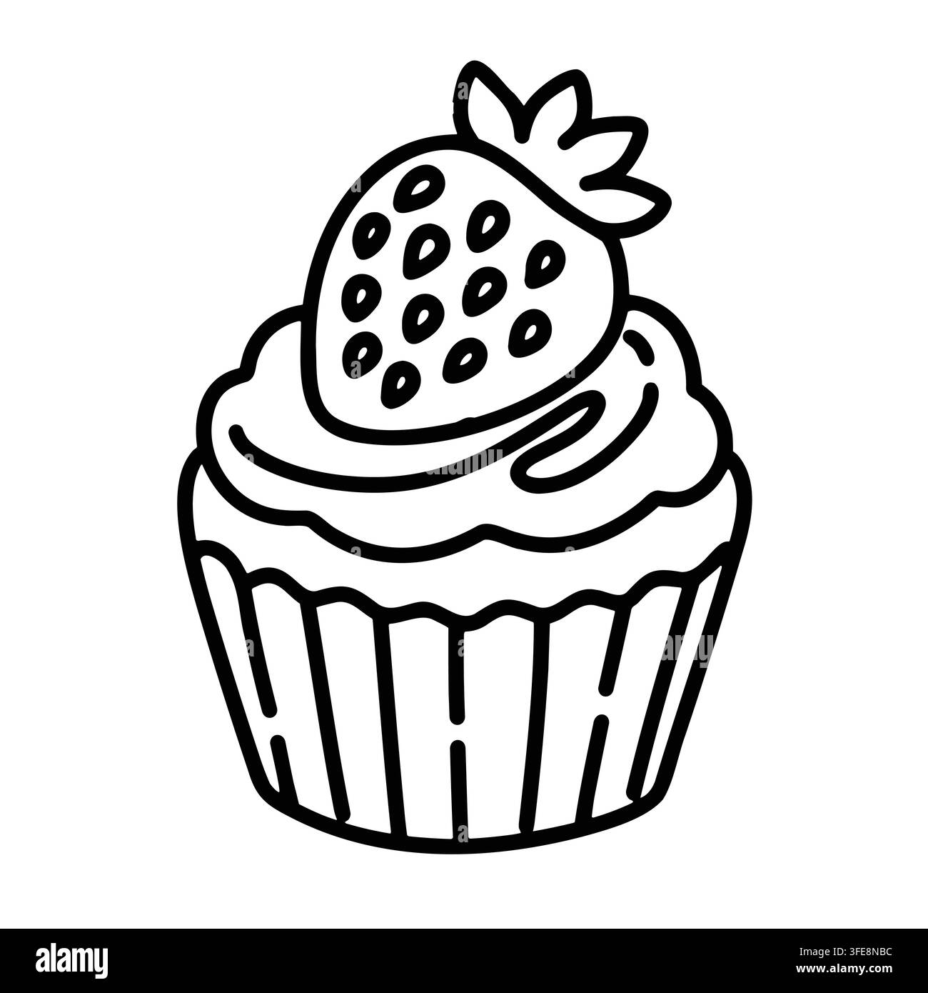 Torta di fragole con dessert, frutta, panna, glassa dolce, semi, guarnizione di bacche, involucro di pasticceria e illustrazione vettoriale dettagliata in contorno nero pulito Illustrazione Vettoriale