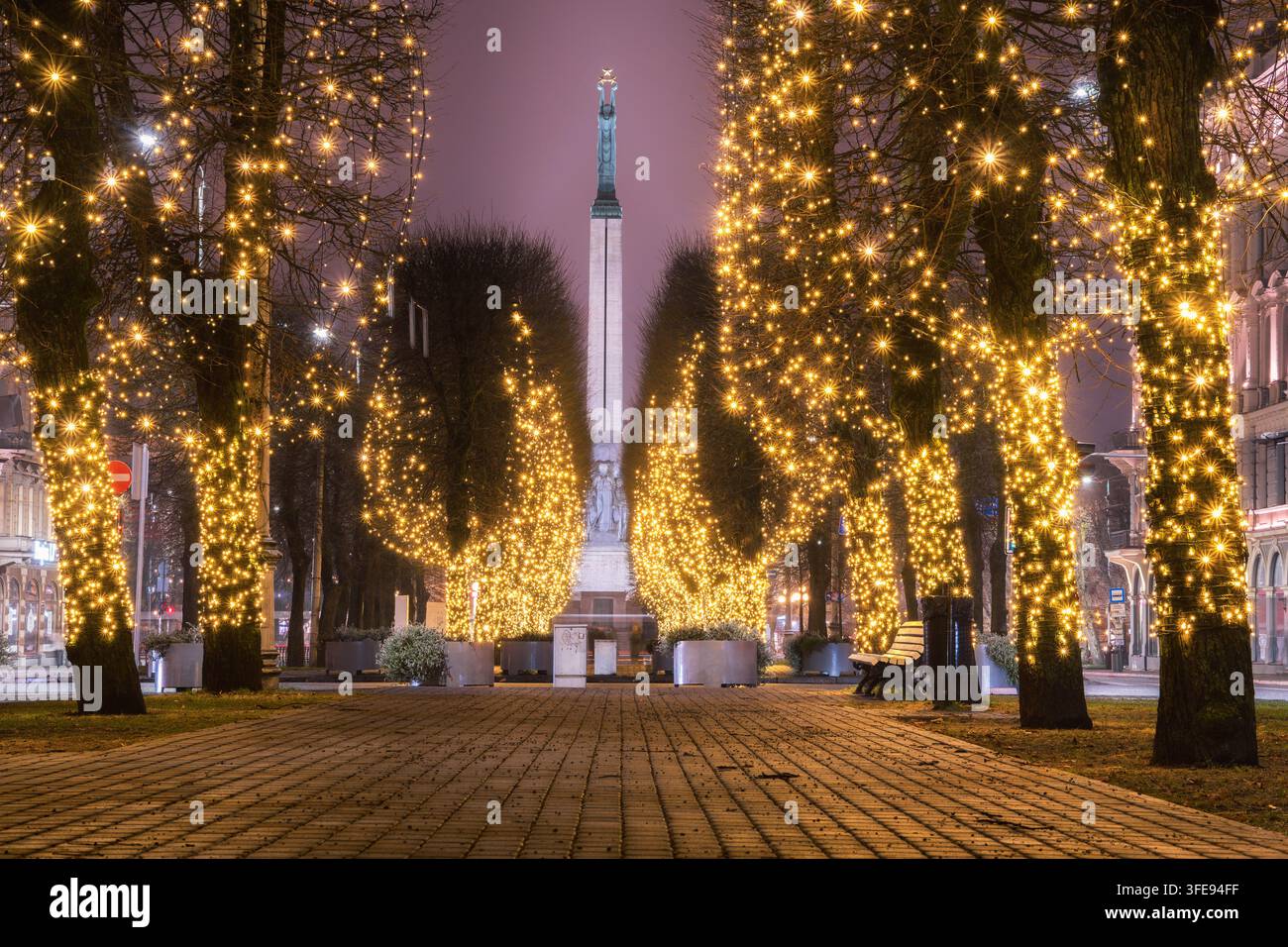 Un'illuminazione festiva simbolica incornicia il Monumento della Libertà tra file di alberi dorati a Riga, collegando l'identità nazionale alla celebrazione pubblica, vincita Foto Stock
