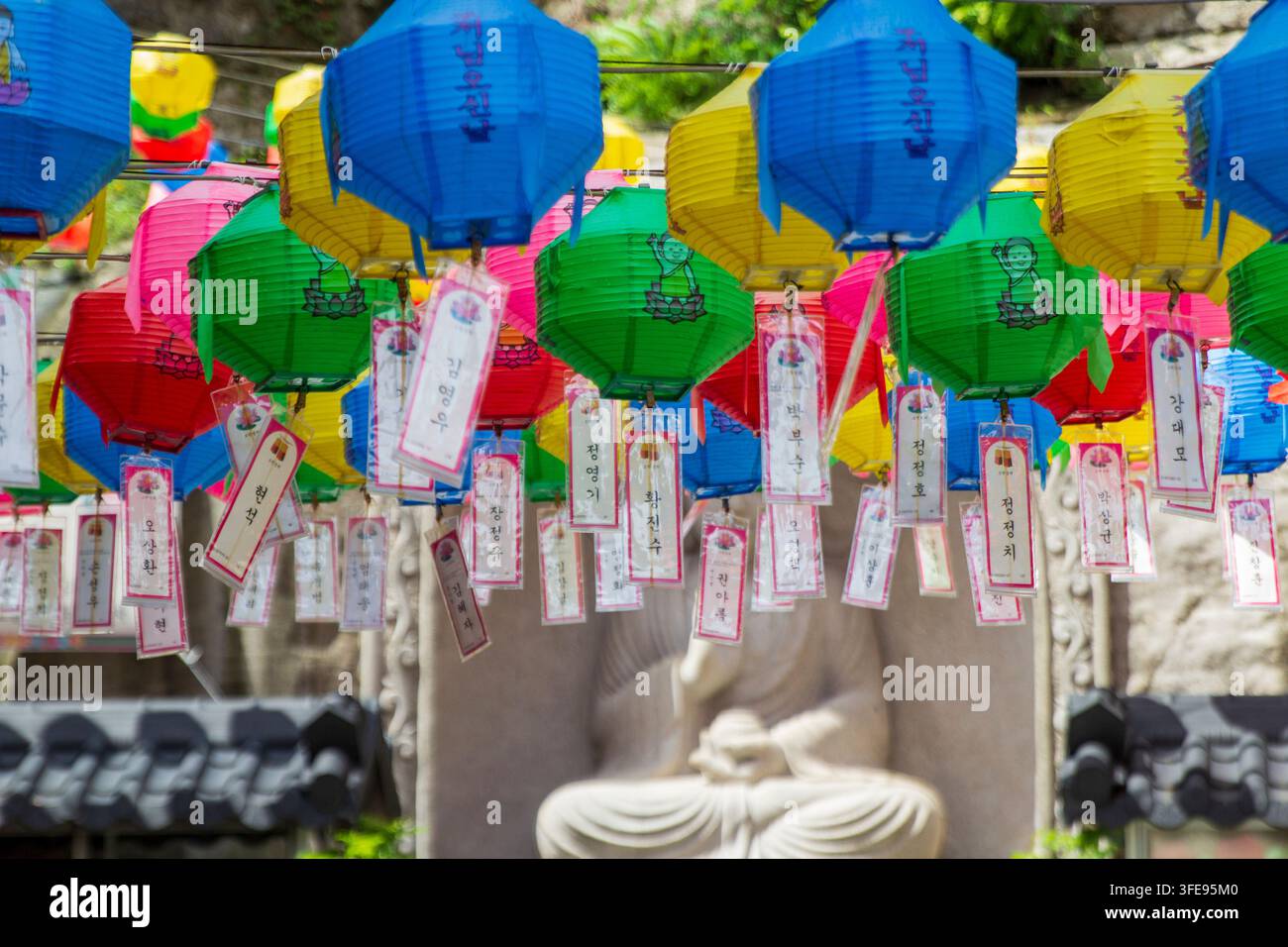 File di lanterne di carta blu, verdi, gialle, rosa e rosse sono appese all'aperto con targhette che recano scrittura coreana. Foto Stock
