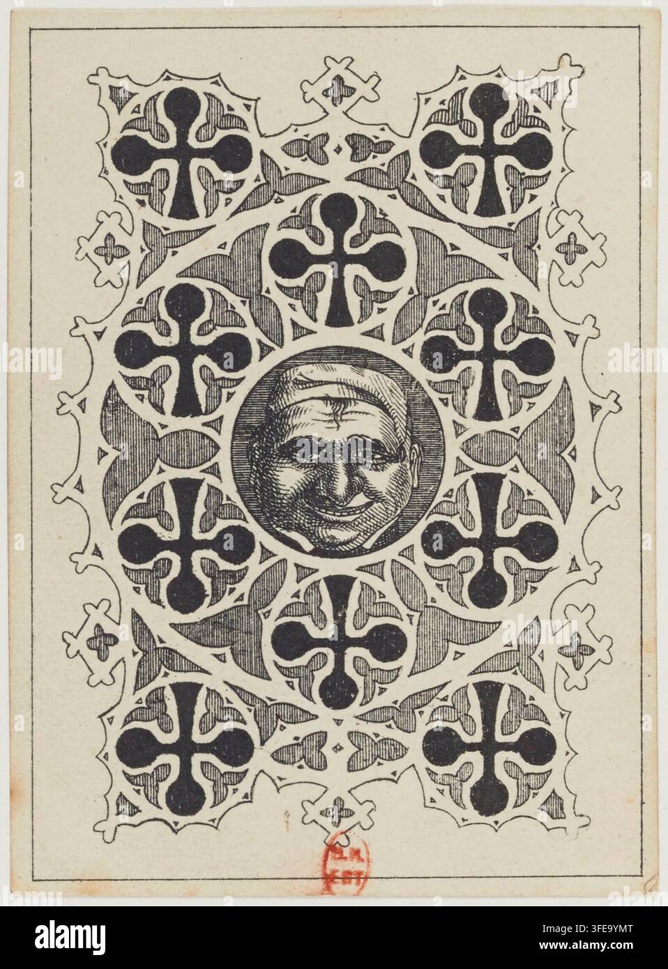 Un'incisione della metà del XIX secolo alla fine del XIX secolo con un disegno simmetrico di quattrofoili intrecciati e forme a croce, con un medaglione circolare centrale contenente un volto umano sorridente, il tutto all'interno di un bordo rettangolare. Foto Stock