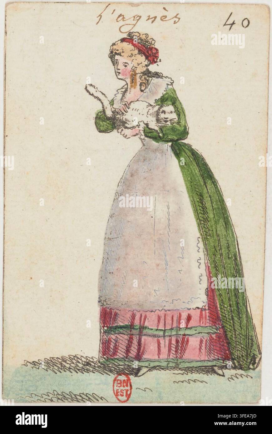 Un disegno del 1788 di una donna in piedi che indossa un indumento esterno verde con un davanti a forma di grembiule bianco, un orlo increspato rosa e una fascia rossa, tiene un piccolo oggetto, con un timbro circolare rosso in fondo, intitolato "l'agnès" e numerato "40", relativo a Giochi divinatorii. Foto Stock