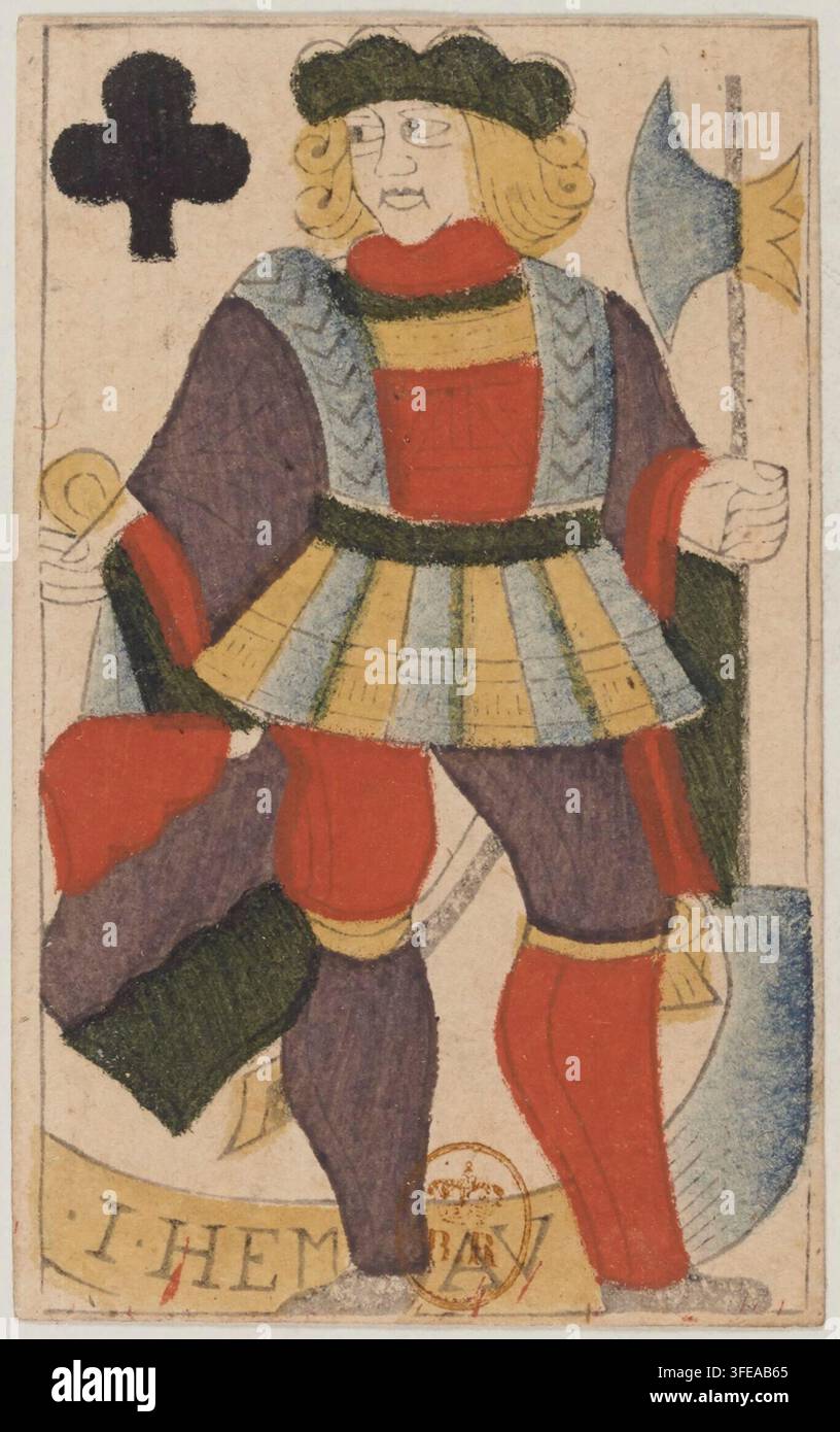 Un'incisione del XVII secolo di una figura in piedi che indossa un cappello e vestiti a strati con sezioni rosse, viola e gialle, che tiene un'arma e uno scudo, con un simbolo di croce nera e la scritta "I HEM" in fondo, realizzata tra il 1623 e il 1630. Foto Stock