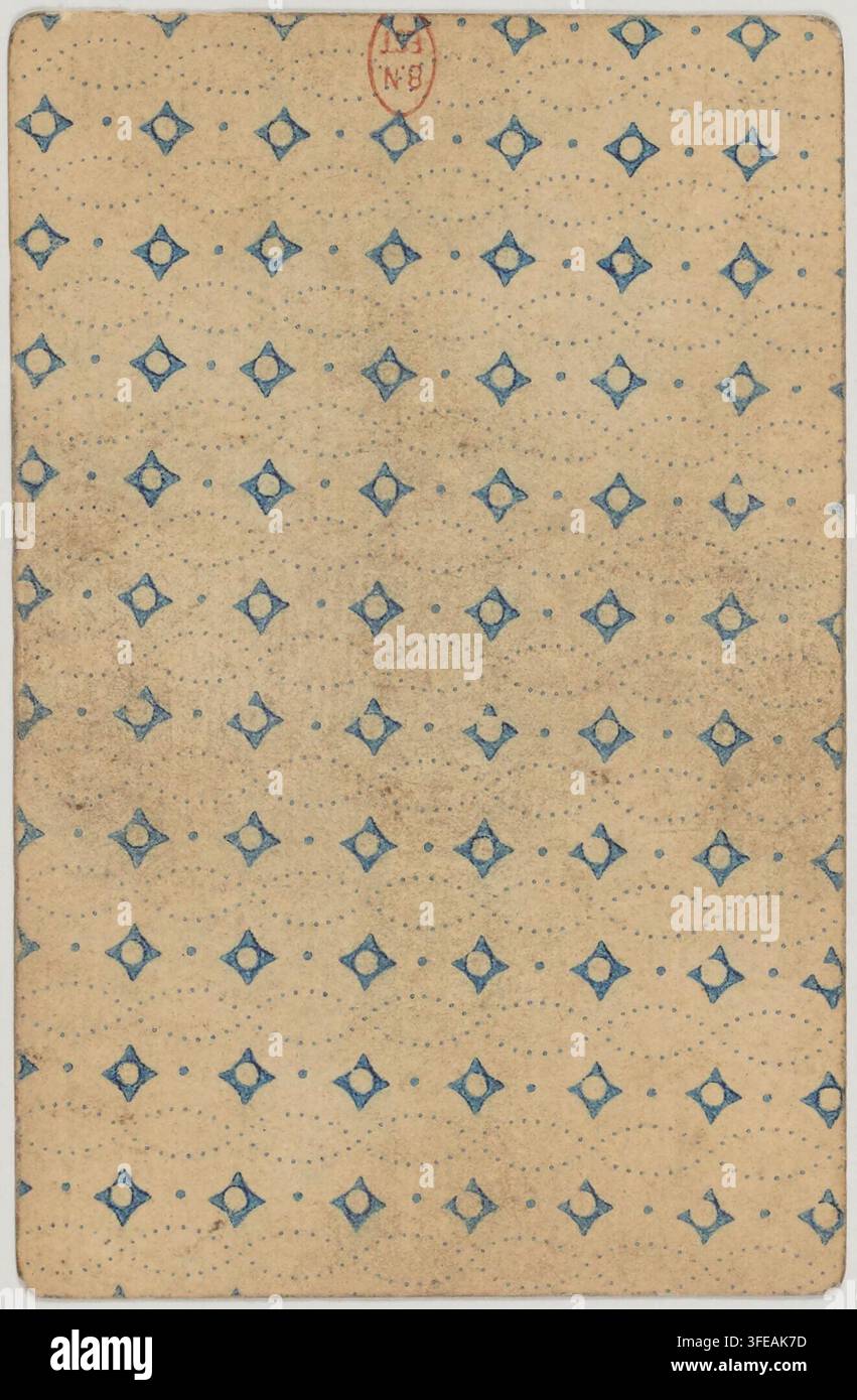 Un'incisione del 1816 con un motivo ripetitivo di piccole forme diamantate blu con punti centrali, su una superficie strutturata beige chiaro o avorio, timbrata con un segno circolare rosso che porta le lettere "B.N.". Foto Stock