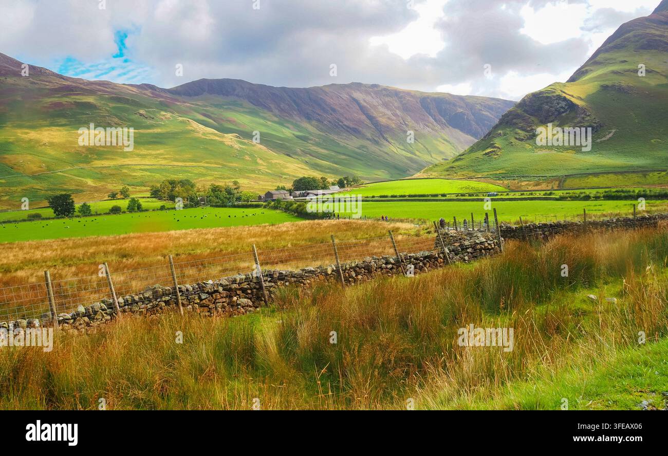 Vista della valle del Lake District inglese da Butrmere Foto Stock