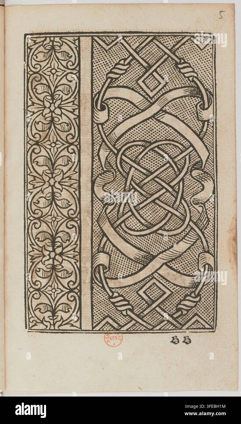 Un'incisione del 1545 di Jean Troveon, un incisore francese, con un disegno per arazzo o ricamo, con un motivo floreale a sinistra e nastri intrecciati e forme geometriche a destra, tratto da un libro di modelli per il ricamo. Foto Stock