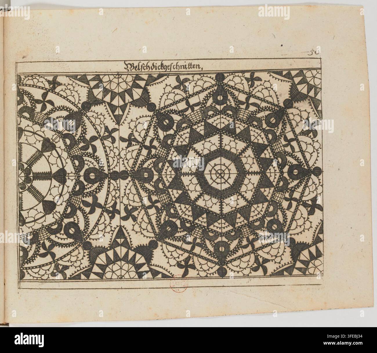 Una stampa del 1689 di un disegno rettangolare per arazzo o ricamo, con motivi geometrici e floreali intrecciati, foglie stilizzate e motivi circolari, realizzati in inchiostro nero su sfondo chiaro, con la didascalia "Welschdickgeschnitten" sopra il disegno. Foto Stock